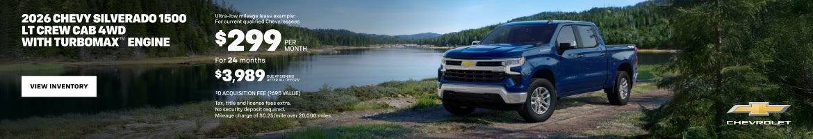 2026 Chevy Silverado 1500 LT Crew Cab 4WD with TurboMax Engine. Ultra-low mileage lease example: ...
